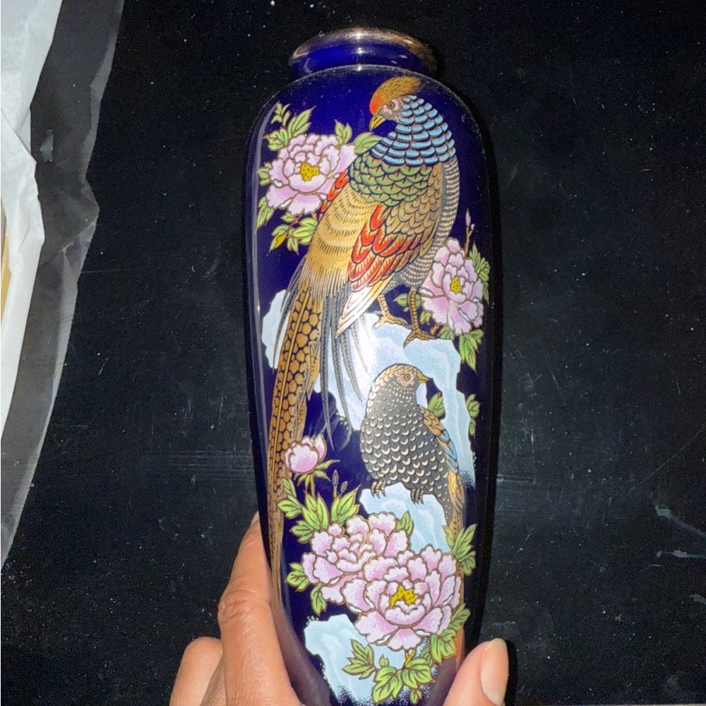 Decorative Blue Bird Vase with Floral Design